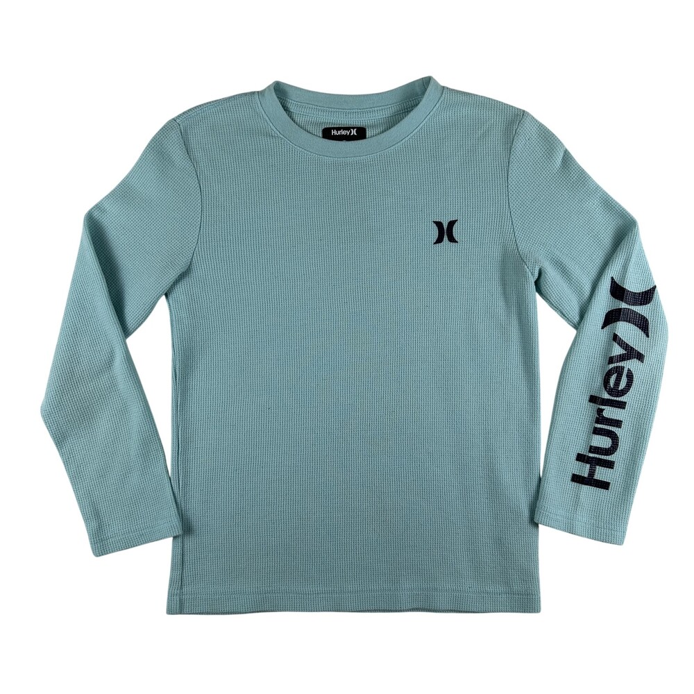 Hurley Shirt Kids Size 7/8 Blue Thermal Waffle Knit Long Sleeve Logo Graphic Top